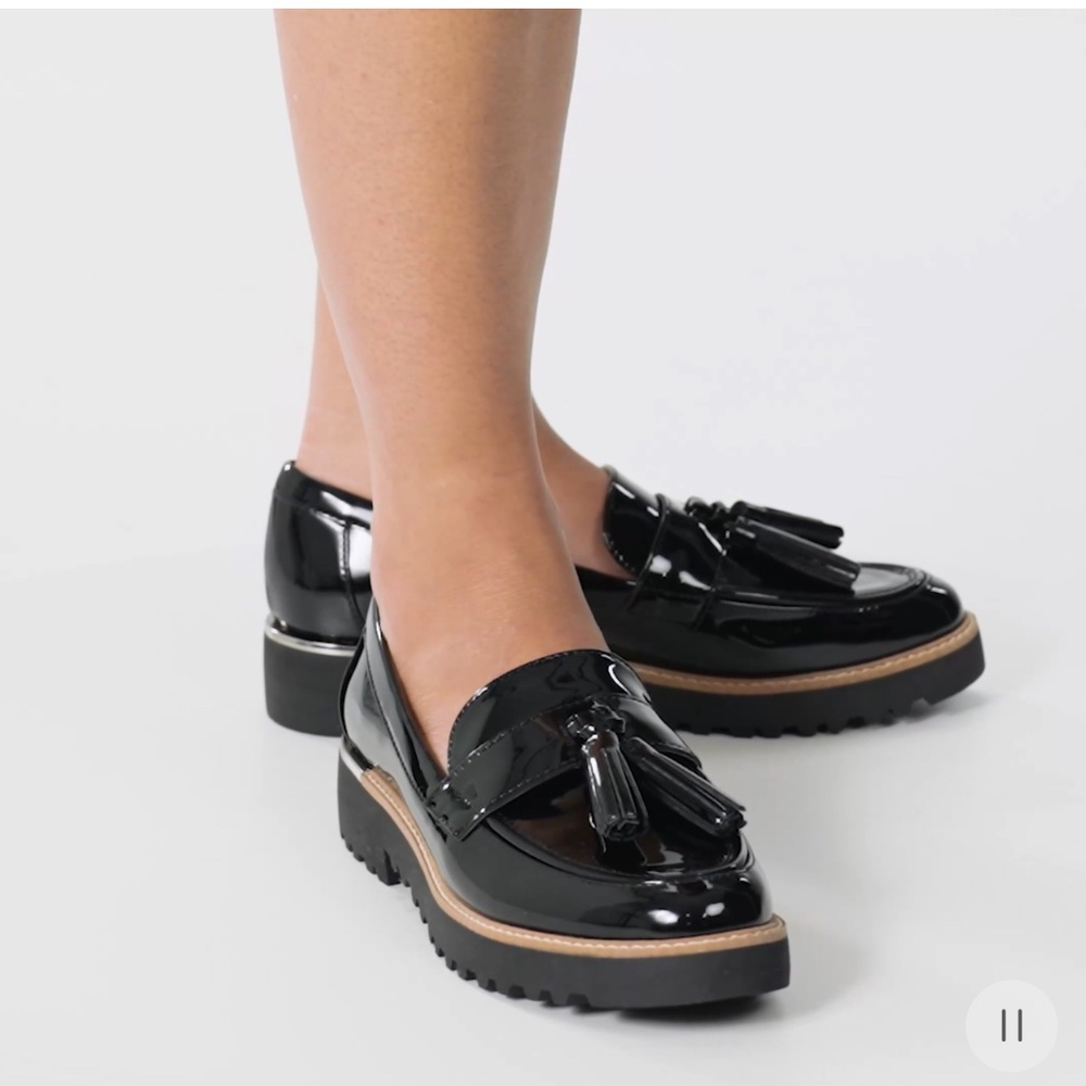 Franco Sarto Carolynn Loafers Black Patent Lug Sole Tassel Womens 10 Preppy Twee